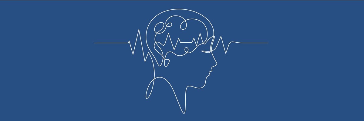 human head with white line on blue background