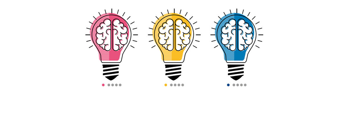 three lightbulbs of different colour: pink, yellow and blue