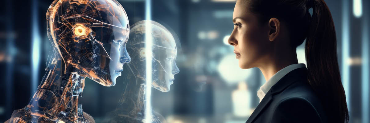 donna di fronte a l'AI in forma umana